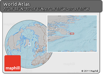 Gray Location Map of the Area around 70° 48' 25" N, 21° 10' 29" W, hill shading