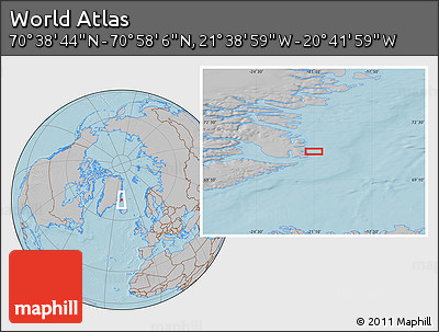 Gray Location Map of the Area around 70° 48' 25" N, 21° 10' 29" W, hill shading