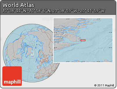 Gray Location Map of the Area around 70° 48' 25" N, 21° 10' 29" W, hill shading