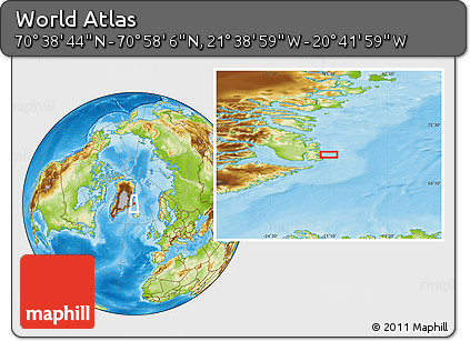 Physical Location Map of the Area around 70° 48' 25" N, 21° 10' 29" W