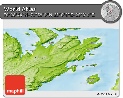 Physical 3D Map of the Area around 70° 48' 25" N, 25° 34' 30" E