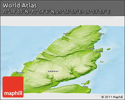 Physical 3D Map of the Area around 70° 48' 25" N, 26° 25' 29" E