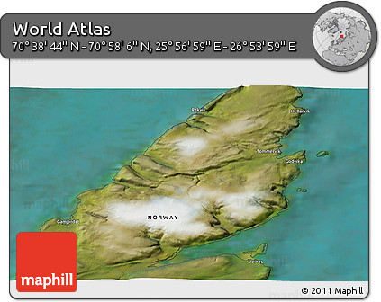 Satellite 3D Map of the Area around 70° 48' 25" N, 26° 25' 29" E