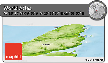 Physical Panoramic Map of the Area around 70° 48' 25" N, 26° 25' 29" E