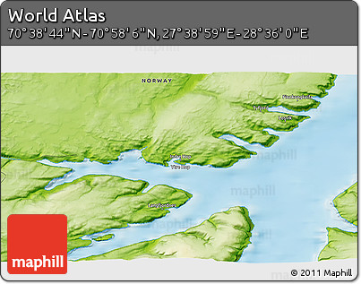 Physical 3D Map of the Area around 70° 48' 25" N, 28° 7' 30" E