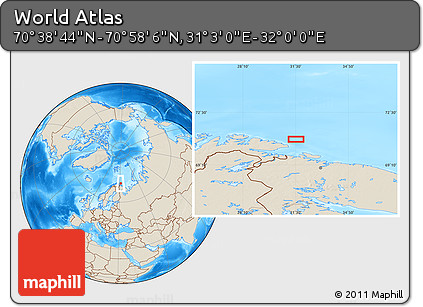 Shaded Relief Location Map of the Area around 70° 48' 25" N, 31° 31' 29" E
