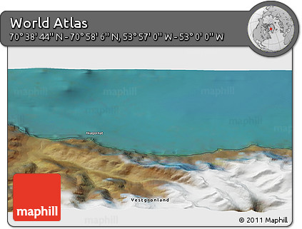 Satellite 3D Map of the Area around 70° 48' 25" N, 53° 28' 30" W