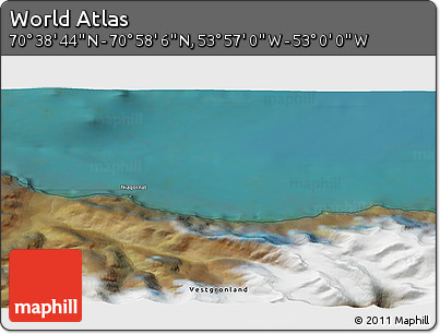 Satellite 3D Map of the Area around 70° 48' 25" N, 53° 28' 30" W