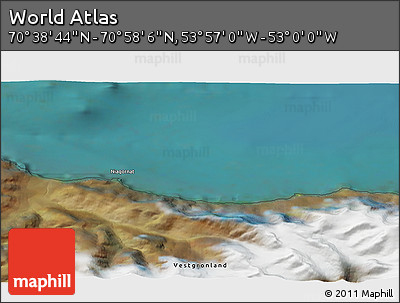 Satellite 3D Map of the Area around 70° 48' 25" N, 53° 28' 30" W