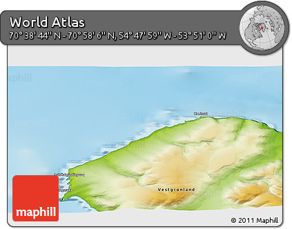Physical 3D Map of the Area around 70° 48' 25" N, 54° 19' 30" W