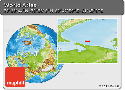 Physical Location Map of the Area around 70° 48' 25" N, 61° 16' 29" E