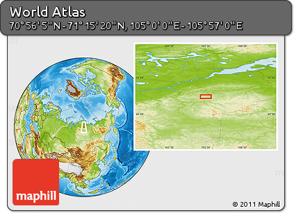 Physical Location Map of the Area around 71° 5' 42" N, 105° 28' 29" E