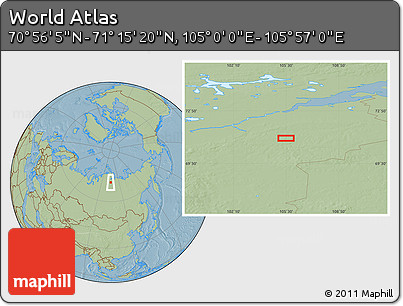 Savanna Style Location Map of the Area around 71° 5' 42" N, 105° 28' 29" E, hill shading