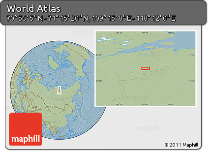 Savanna Style Location Map of the Area around 71° 5' 42" N, 109° 43' 29" E, hill shading