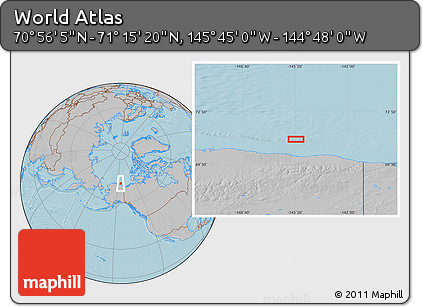 Gray Location Map of the Area around 71° 5' 42" N, 145° 16' 30" W, hill shading