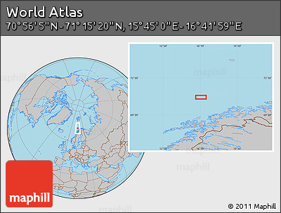 Gray Location Map of the Area around 71° 5' 42" N, 16° 13' 30" E