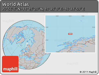 Gray Location Map of the Area around 71° 5' 42" N, 16° 13' 30" E