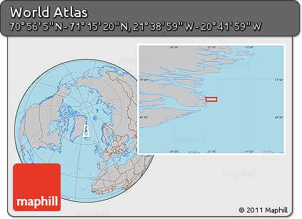 Gray Location Map of the Area around 71° 5' 42" N, 21° 10' 29" W