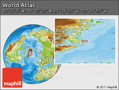 Physical Location Map of the Area around 71° 5' 42" N, 21° 10' 29" W