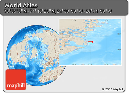 Shaded Relief Location Map of the Area around 71° 5' 42" N, 21° 10' 29" W