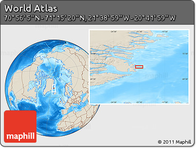 Shaded Relief Location Map of the Area around 71° 5' 42" N, 21° 10' 29" W