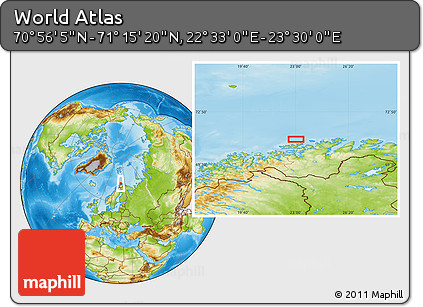 Physical Location Map of the Area around 71° 5' 42" N, 23° 1' 29" E
