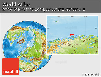 Physical Location Map of the Area around 71° 5' 42" N, 23° 1' 29" E