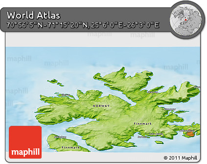 Physical 3D Map of the Area around 71° 5' 42" N, 25° 34' 30" E