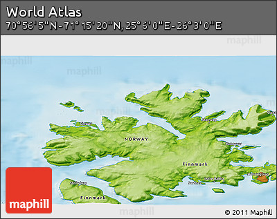 Physical 3D Map of the Area around 71° 5' 42" N, 25° 34' 30" E