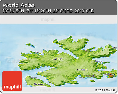 Physical 3D Map of the Area around 71° 5' 42" N, 25° 34' 30" E