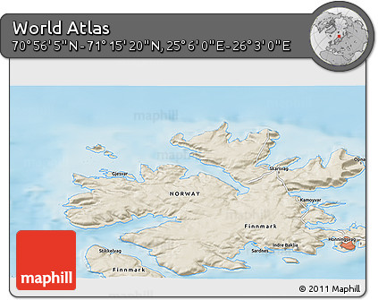 Shaded Relief 3D Map of the Area around 71° 5' 42" N, 25° 34' 30" E