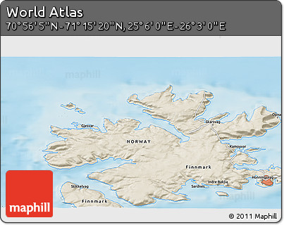 Shaded Relief 3D Map of the Area around 71° 5' 42" N, 25° 34' 30" E