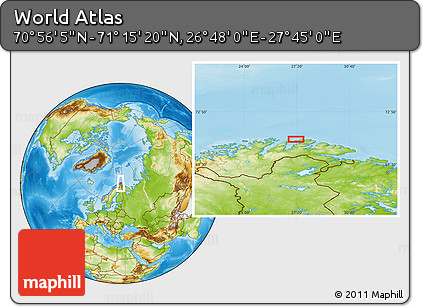 Physical Location Map of the Area around 71° 5' 42" N, 27° 16' 29" E