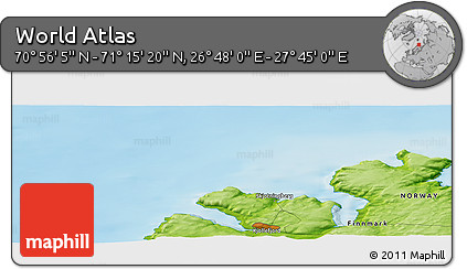 Physical Panoramic Map of the Area around 71° 5' 42" N, 27° 16' 29" E