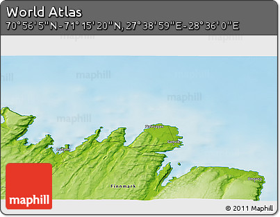 Physical 3D Map of the Area around 71° 5' 42" N, 28° 7' 30" E