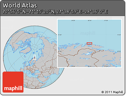 Gray Location Map of the Area around 71° 5' 42" N, 28° 7' 30" E