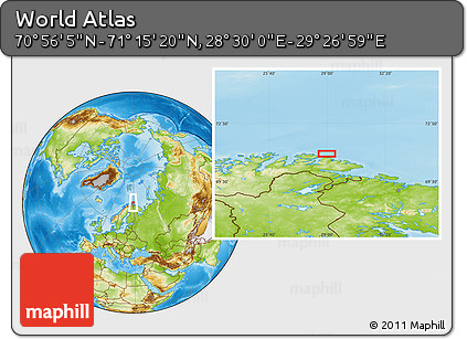 Physical Location Map of the Area around 71° 5' 42" N, 28° 58' 30" E