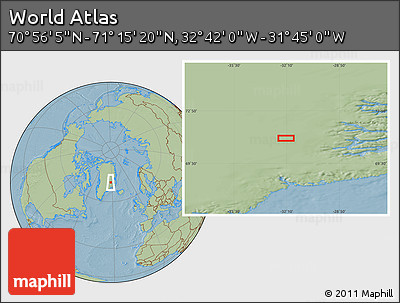 Savanna Style Location Map of the Area around 71° 5' 42" N, 32° 13' 30" W, hill shading