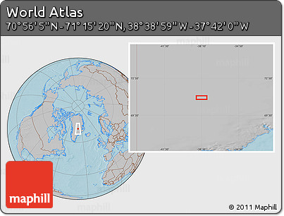 Gray Location Map of the Area around 71° 5' 42" N, 38° 10' 29" W, hill shading