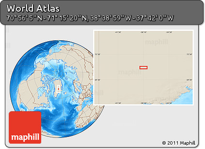 Shaded Relief Location Map of the Area around 71° 5' 42" N, 38° 10' 29" W