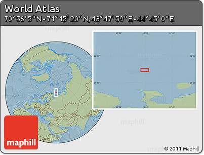 Savanna Style Location Map of the Area around 71° 5' 42" N, 44° 16' 29" E, hill shading