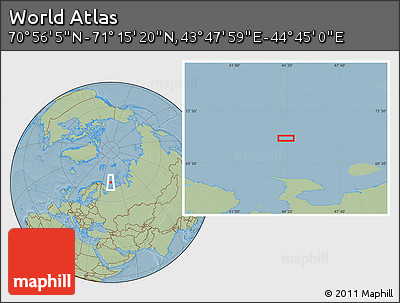 Savanna Style Location Map of the Area around 71° 5' 42" N, 44° 16' 29" E, hill shading