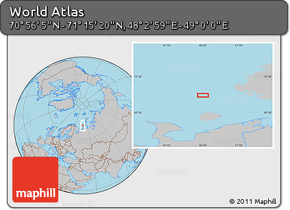 Gray Location Map of the Area around 71° 5' 42" N, 48° 31' 29" E