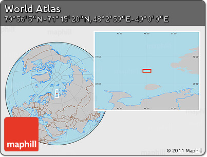 Gray Location Map of the Area around 71° 5' 42" N, 48° 31' 29" E