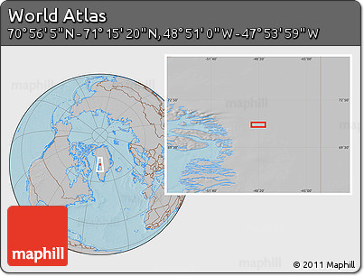 Gray Location Map of the Area around 71° 5' 42" N, 48° 22' 30" W, hill shading