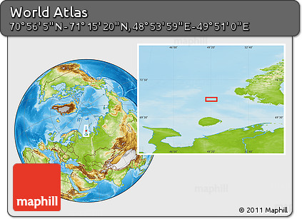 Physical Location Map of the Area around 71° 5' 42" N, 49° 22' 30" E