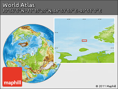 Physical Location Map of the Area around 71° 5' 42" N, 49° 22' 30" E