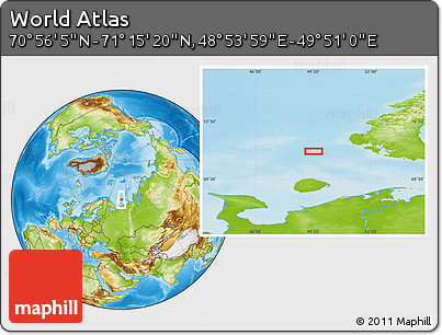 Physical Location Map of the Area around 71° 5' 42" N, 49° 22' 30" E