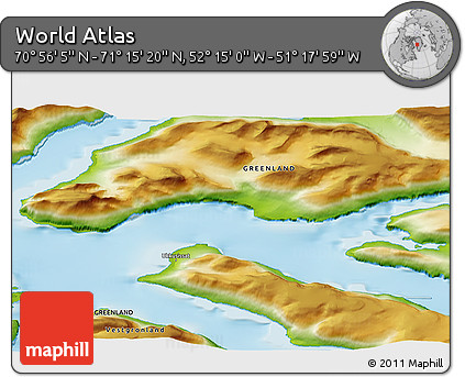 Physical 3D Map of the Area around 71° 5' 42" N, 51° 46' 29" W