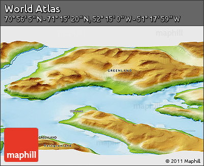 Physical 3D Map of the Area around 71° 5' 42" N, 51° 46' 29" W
